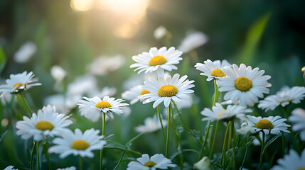 Fototapeta premium A serene wild daisy field in the late afternoon, where the last light of the day highlights the white petals of the flowers, creating a calm and peaceful scene.