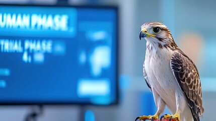 A bird of prey is perched on a stand in a contemporary environment. Behind it, digital screens show various human phase data, representing a blend of nature and technology