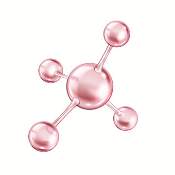 Pink collagen molecule structure rotates realistic vector illustration. Protein model for skin elasticity 3d object on white background