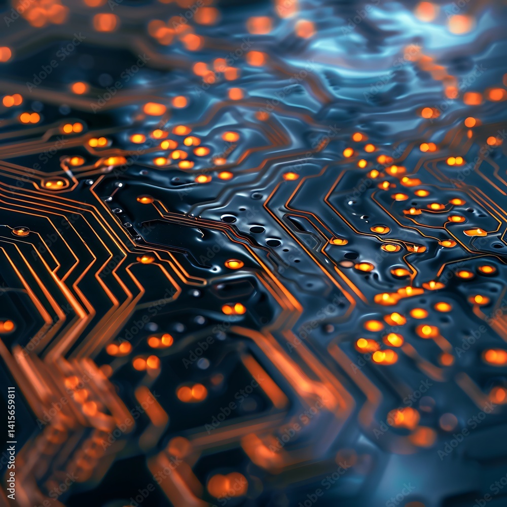 Poster close-up macro view of an electronic circuit board with glowing orange pathways, nodes, and points o