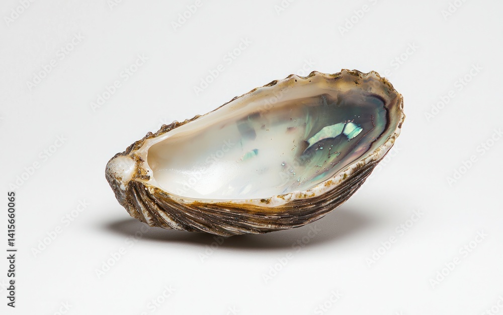 Poster abalone shell with iridescent interior levitates on a solid white background. the shell displays var