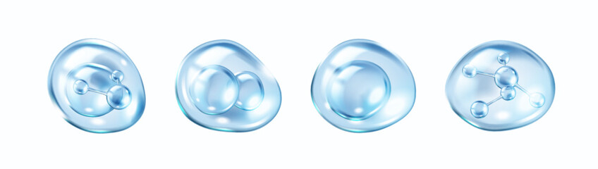 Blue collagen molecules inside liquid bubbles realistic color icons set. Cosmetics and skincare products 3d objects bundle on white