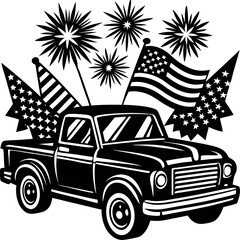 Vintage Pickup Carrying Fireworks and American Flags – Retro USA 4th of July Illustration

