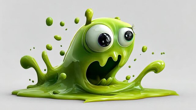 A playful green slime creature joyfully splashes in a bright, clean environment, evoking fun