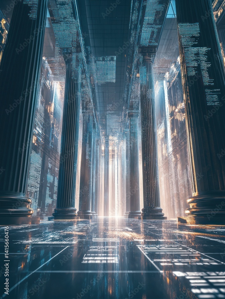 Poster digital temple: an abstract fusion of classical architecture and futuristic data streams
