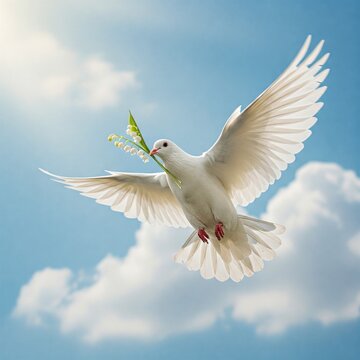 Colombe Blanche de la Paix en Vol et Brin de Muguet de Printemps, Symbole de Puret&eacute; et de Joie