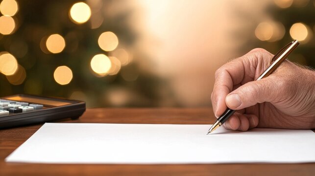 Planning Finances Hand with Pen Writing on Paper, Bokeh Lights, finance, budget