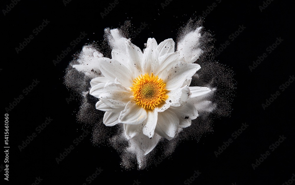 Aufkleber white daisy flower levitating, exploding into black coal dust particles against a stark black backgr