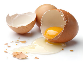 Broken Egg with Yolk and Shell on White Background Isolated – High-Resolution Food Image