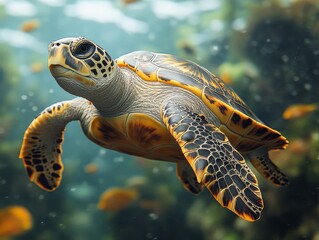 Gentle Giant of the Deep: A Sea Turtle Glides Effortlessly Through a Vibrant Underwater Ecosystem, Bathed in Sun-Dappled Light and surrounded by life
