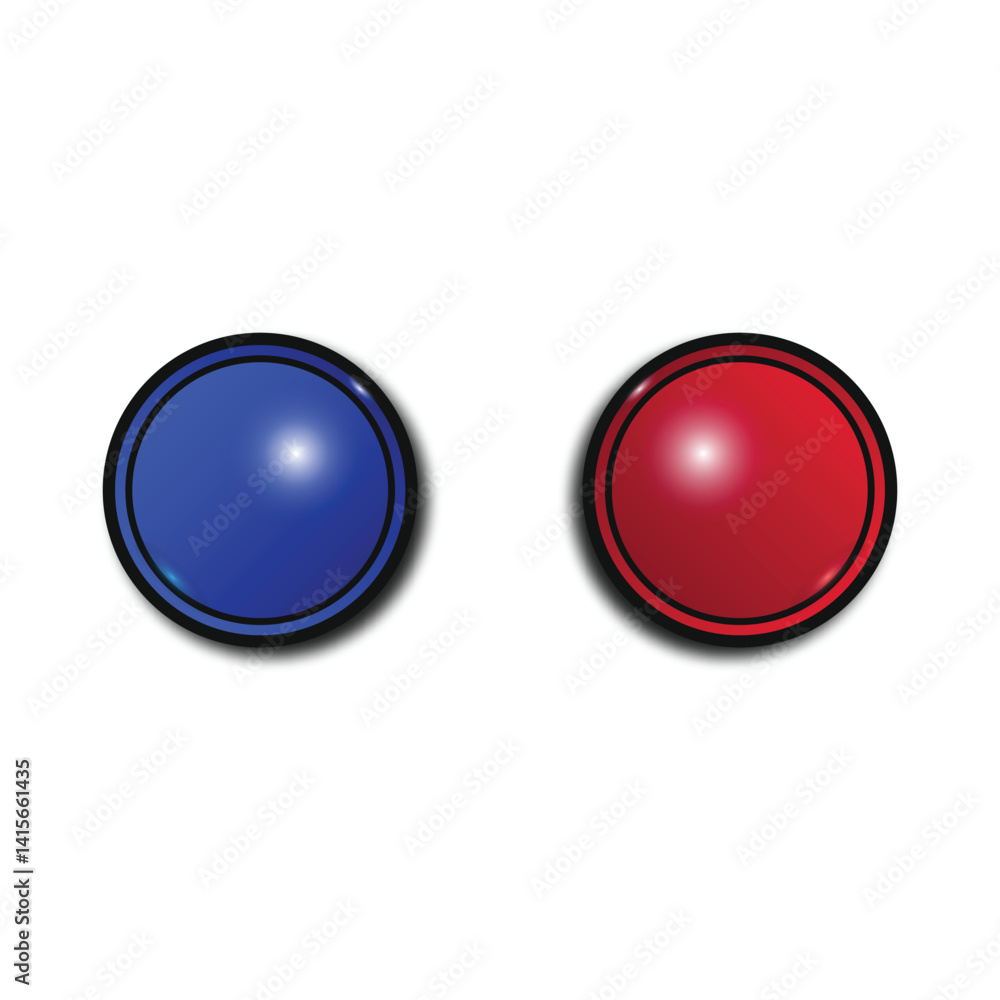 Wall mural blue and red buttons with glares and a black frame. a vector round buttons with a gradient, isolated
