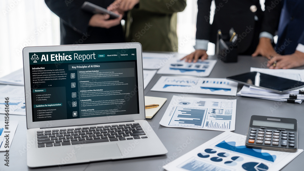 Poster ai ethics responsibility standard law and rules on computer screen provide report of ai ethic transp