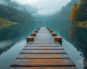 Fototapeta premium Tranquil wooden pier stretching into a misty lake surrounded by lush mountains