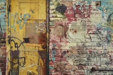 A close-up shot of a distressed brick wall with graffiti and a yellow door, Graffiti painted over distressed brick walls