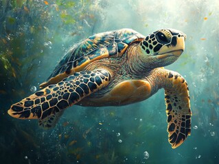 Serene Sea Turtle: A Detailed Portrait of a Marine Reptile Gracefully Swimming Through the Ocean, Bathed in Sunlight, Surrounded by Bubbles and Sea Life