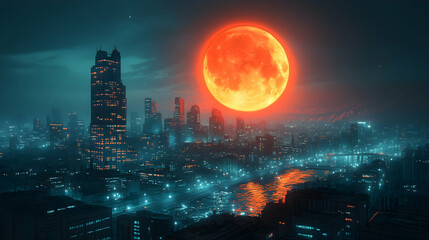 Obraz premium Metropolis beneath a vast orange moon lights twinkling across structures and reflecting off water in a cool urban sce