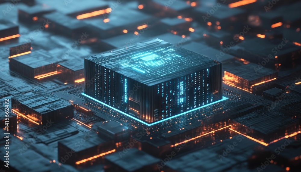 Poster abstract digital structure showcasing data processing and technological innovation