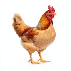 Fototapeta premium Close-up of a hen with red comb and feathers, standing and looking alert, white background.