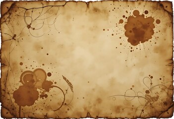 Fototapeta premium Aged parchment paper with coffee stains, ink splatters and floral ornaments