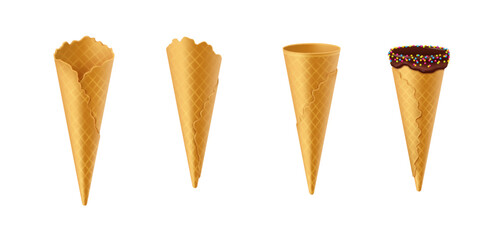 Image displays four distinct ice cream cones; two plain cones, one with a smooth edge and one with chocolate and sprinkles decoration. Each cone showcases unique design details.