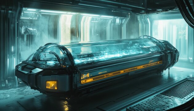 Futuristic cryo pod chamber with cold ambient lighting for science fiction concepts