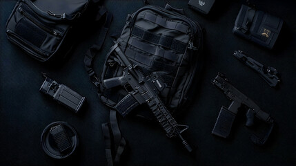 Assorted Tactical Gear And Weapons On Dark Background