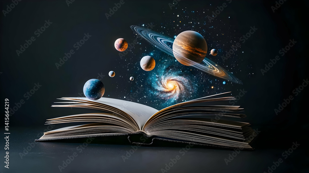 Poster open book with floating planets in space