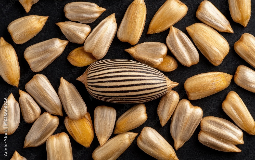 Poster close-up view of sunflower seeds on a dark background. one seed is prominently featured, showcasing 