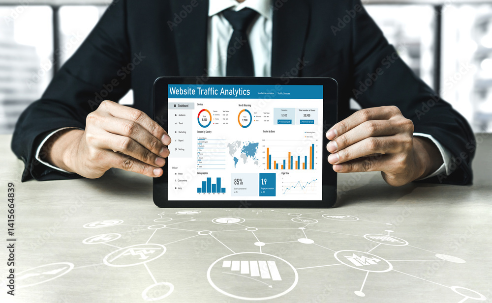 Poster computer software for website traffic analytics data on computer screen. concept of seo search engin