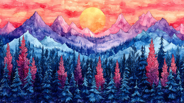 Watercolor landscape mountains trees sunset sky  a sun A serene natural scene with vibrant red blue pink  oran