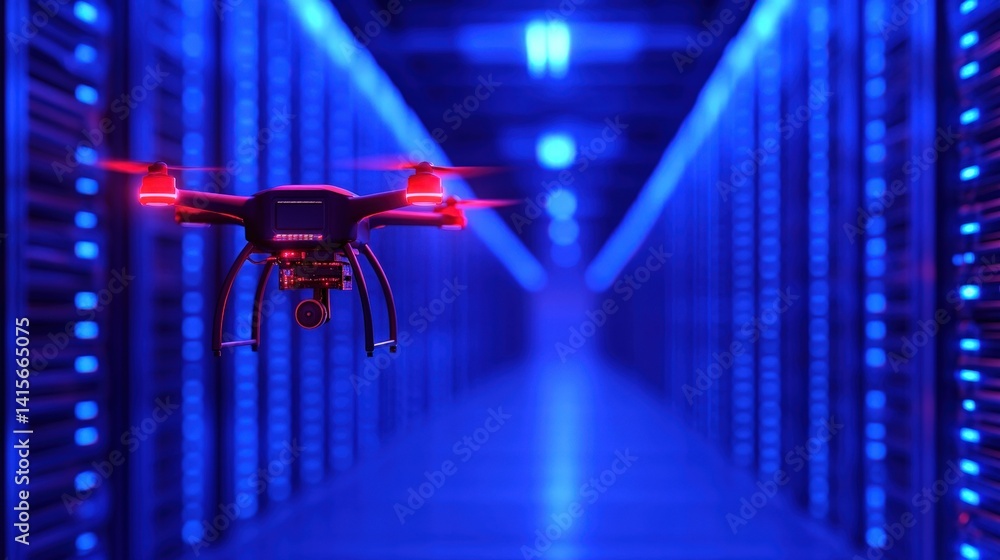 Wall mural a drone navigates through a high-tech server room, with rows of illuminated server racks casting a b