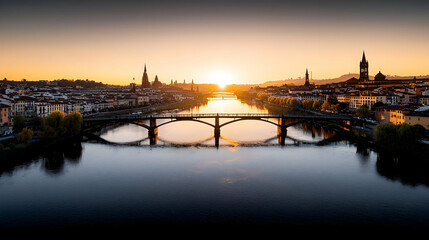 Fototapeta premium Florence City Sunrise Panorama Over River Bridge