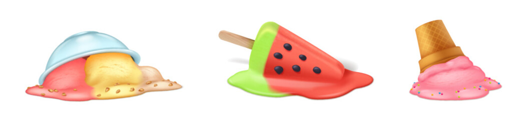 Illustration of melted ice cream and popsicle on white background. Includes a spilled bowl of colorful ice cream, a watermelon popsicle, and an overturned cone in vibrant colors.