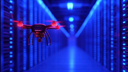 A drone navigates through a high-tech server room, with rows of illuminated server racks casting a blue glow. The atmosphere is futuristic and technological, showcasing advanced equipment