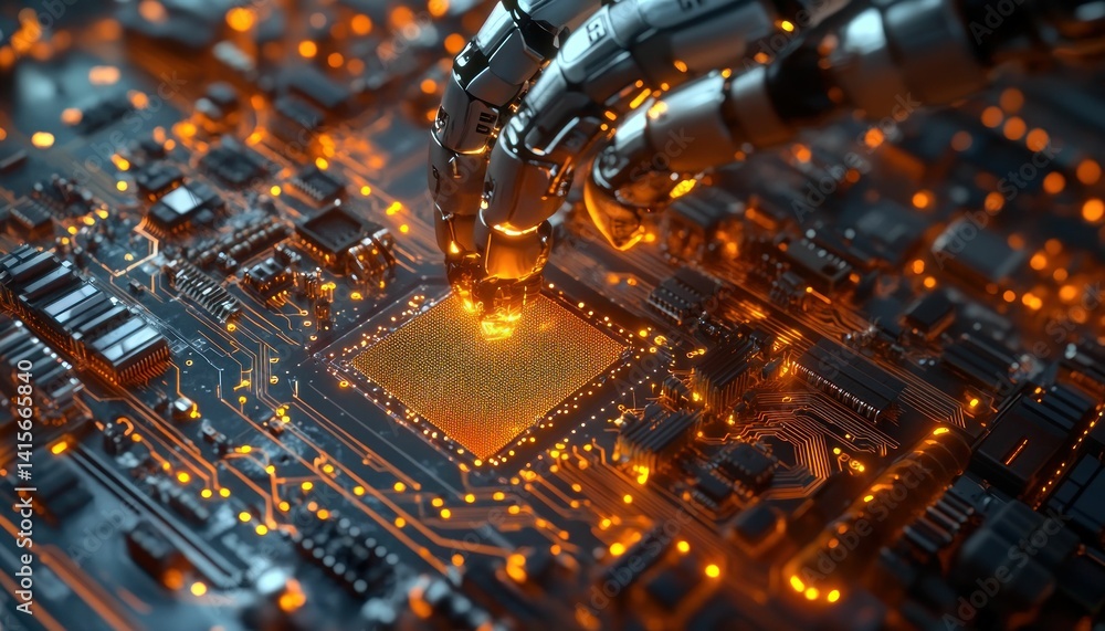 Poster robotic arm precisely interacting with advanced computer circuit motherboard