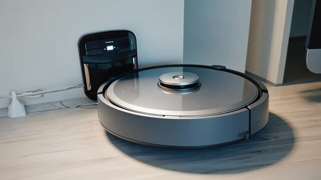 Robot vacuum cleaner charging at home.