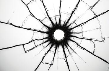 Obraz premium Cracked glass texture with bullet hole impact. Broken, fractured, shattered glass. Damage concept. White background. Bullet impact, crime scene, destruction, vandalism, impact, war, accident,