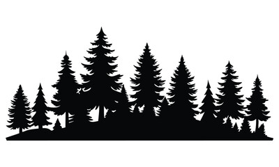 Forest of Christmas fir trees silhouette. Coniferous spruce panorama. Park of evergreen wood. Vector on white background