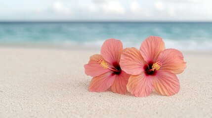 Tropical Hibiscus Flowers on Sandy Beach, Beach flowers , Vacation