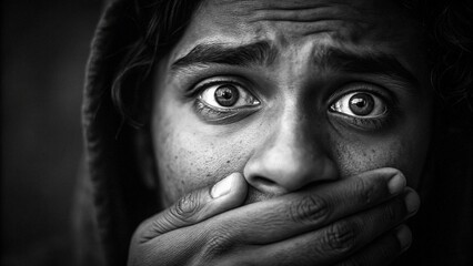 Fototapeta premium frightened dark-skinned person covered mouth 