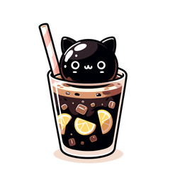 Cute black cat character sitting inside a glass of iced cola with lemon