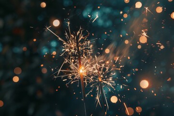 Two sparklers ignite against a dark backdrop, creating a dazzling display of light and sparks, Sparklers and fireworks lighting up the night sky
