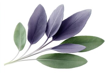Obraz premium Fresh purple and green sage leaves arranged on a white background showcasing their texture and colors for culinary use