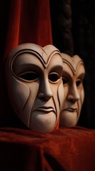 Theatrical masks resting on a dimly lit stage, symbolizing drama and emotion in a classic theater setting.