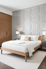 modern bedroom with king-size bed and light wood furniture