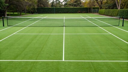 Fototapeta premium Empty green tennis court with white lines and net outdoors. Recreation and sports concept for poster and banner