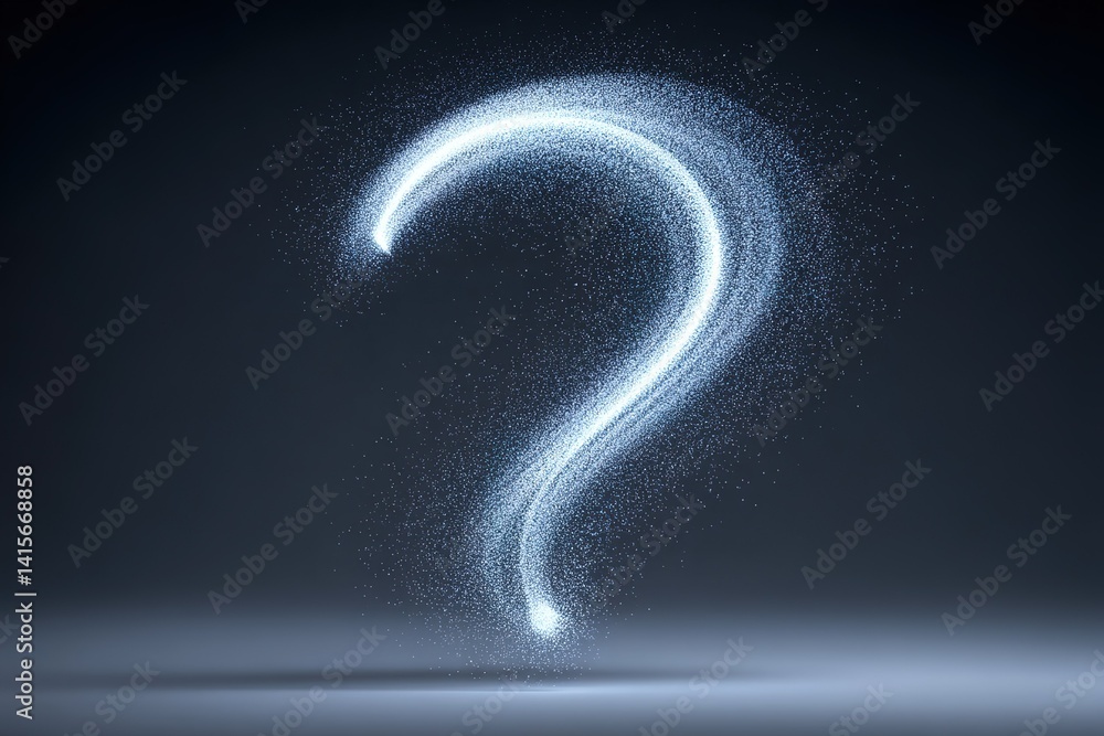 Poster swirling light question mark formation in dark background creates an intriguing visual effect and sp
