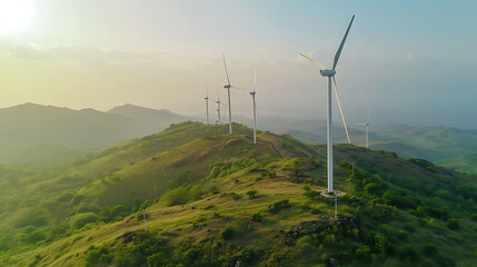Aerial view of wind turbines standing along green rolling hills at sunset or sunrise. Represents renewable energy, sustainability, and clean power generation.
