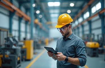 Young man in hard hat glasses reads tablet in industrial factory environment. Engineer works with technology machine control. Safety, pro occupation for construction, manufacturing, production