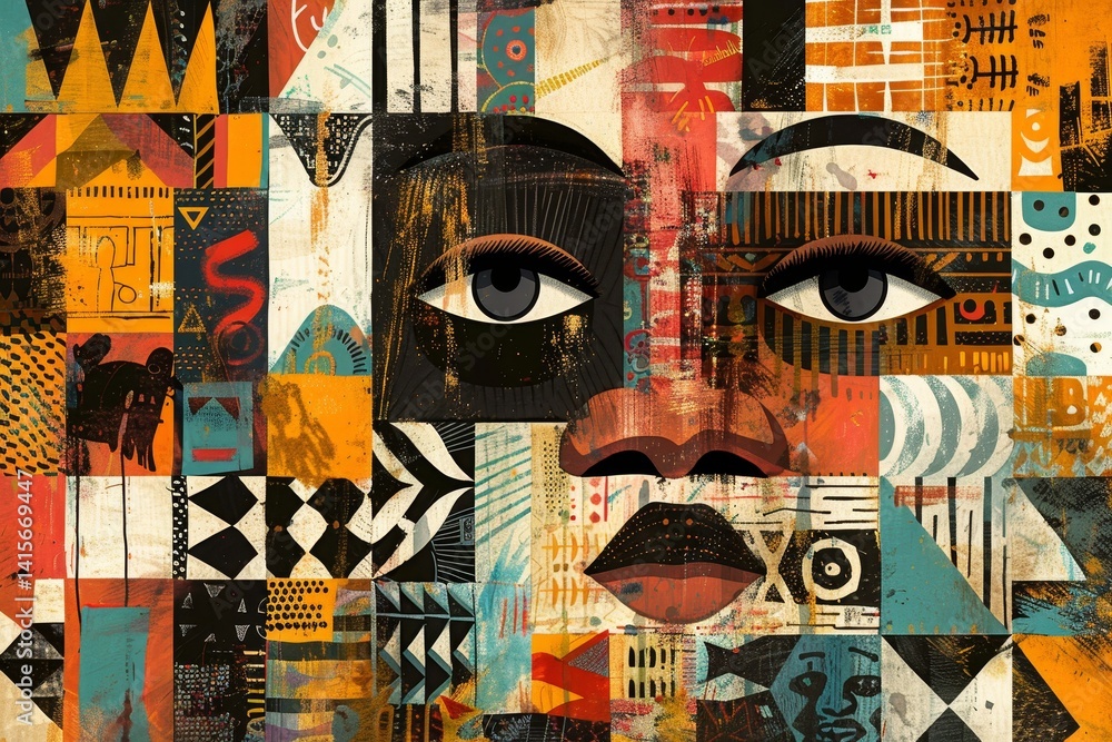 Poster a stylized, abstract face created from a patchwork of colorful patterns and textures, an abstract re